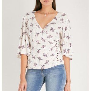 NWT BA&SH Ferdy Side Button Floral Crepe Blouse 3 L Ecru Flutter Sleeve V-Neck